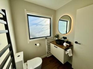 a bathroom with a toilet and a sink and a mirror at Modern Mountain Retreat in Ohakune +10 photos
