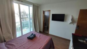 a room with a bed and a tv and a window at Lagoa Flats com Super Varanda in Lagoa Santa