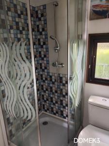 a shower with a glass door in a bathroom at Gospodarstwo Agroturystyczne RYBAKÓWKA in Warlubie