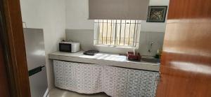 a kitchen with a counter with a microwave and a sink at The nest in Goodlands