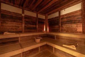 an empty sauna with wooden walls and wooden floors at Hotel Zum Stern inkl Gasteiner Bergbahnen im Sommer in Bad Hofgastein