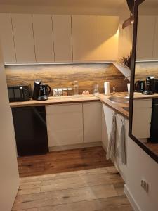 a small kitchen with white cabinets and a sink at Słoneczny Zakątek a in Złotów