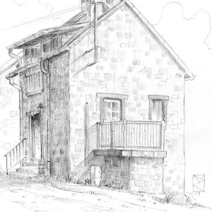 a pencil drawing of a house with a balcony at La maison d'André in Laurière