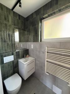 a bathroom with a toilet and a sink and a window at Pokoje U rybaka in Stężyca +12 photos