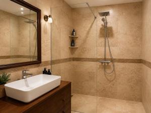 a bathroom with a sink and a shower at Sunset Vista Sonnenuntergang mit Jacuzzi und Sauna in Katun +31 photos