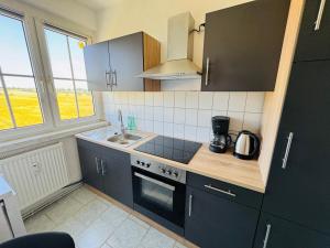 a small kitchen with a sink and a stove at FeWo Einetal 3 im schönen Ostharz in Harzgerode +9 photos