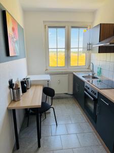 a small kitchen with a table and a sink at FeWo Einetal 3 im schönen Ostharz in Harzgerode