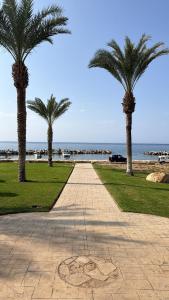 a sidewalk with palm trees in front of the beach at Casa Clara Pool Strand Meerblick in Khlorakas