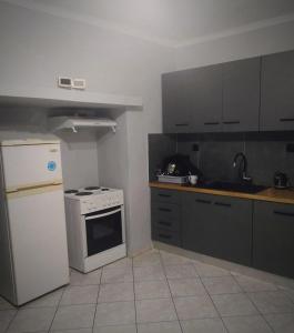 a kitchen with a white stove and a white refrigerator at Riverbird House in Kymi