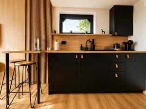 a kitchen with black cabinets and a wooden counter top at The Landscape Barn Homes in Râşnov