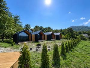a row of tiny houses in a field with trees at The Landscape Barn Homes in Râşnov