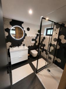 a bathroom with a toilet and a sink and a mirror at The Landscape Barn Homes in Râşnov +52 photos