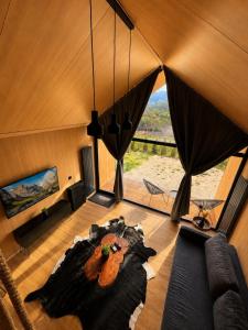 a room with a large bed in the middle of a room at The Landscape Barn Homes in Râşnov