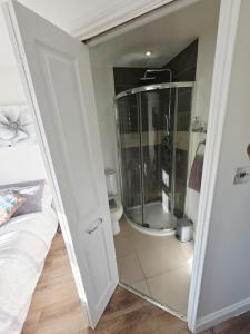 a bathroom with a shower and a toilet in a room at Kents Hill Studio in Woolstone