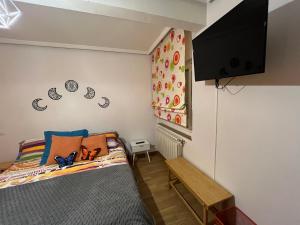 a bedroom with a bed and a flat screen tv at La magia de Benjamín in Oviedo