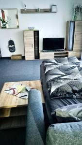 a room with a couch and a table with a television at Nice Apartment mit Balkon in Glauburg in Glauburg