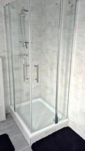 a shower with a glass enclosure in a bathroom at Nice Apartment mit Balkon in Glauburg in Glauburg +11 photos