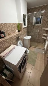 a bathroom with a sink and a toilet and a shower at Modern Apartment in Arad +14 photos