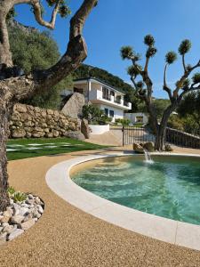 a pool with a fountain in a yard with trees at B&B Tiscali in Dorgali