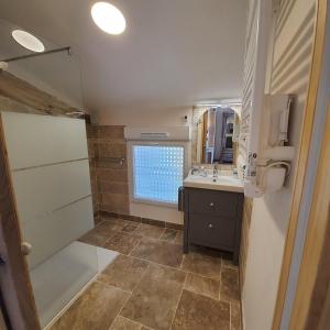 a bathroom with a shower and a sink and a mirror at La Maison du Poelon in Labarthe-sur-Lèze
