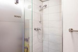 a shower with a glass door in a bathroom at Ferienhaus 36 in Zadelsdorf