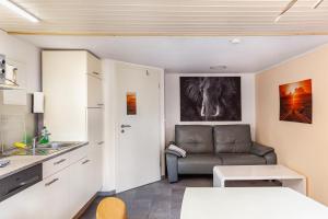 a living room with a couch and a kitchen at Ferienhaus 36 in Zadelsdorf +7 photos