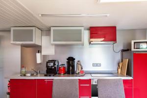 a small kitchen with red cabinets and a sink at Ferienhaus 35 in Zadelsdorf +7 photos