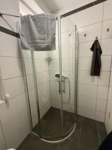 a shower with a glass door and a towel at Team at Home Senden W2 in Senden