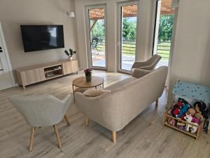 a living room with a couch and chairs and a tv at Villa Anna in Nowy Targ