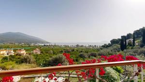 a view from a balcony with red flowers at Epidavros Villas Voukamvilia Retreat, Shared Pool in Nea Epidavros