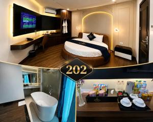 two pictures of a hotel room with a bed and a bathroom at A3 Villa Hotel - Gia Lâm in Thạch Cầu