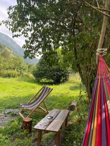 a hammock and a wooden bench next to a tree at Mtisani in Roshka