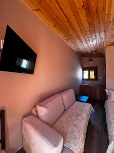 a living room with a couch and a flat screen tv at Ballkoni i Goricës in Goricë