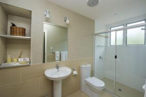 a bathroom with a toilet and a sink and a shower at Driftwood in Picnic Bay +27 photos
