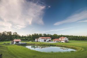 a golf course with two houses and a pond at Sodyba Pelėdų medus in Vainekoniai