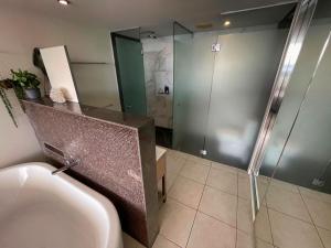 a bathroom with a shower and a bath tub at Blue on Blue Apartment 933 in Nelly Bay