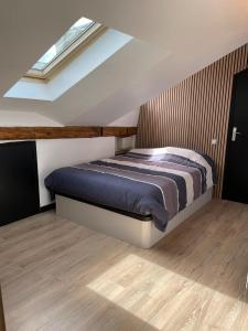a bedroom with a bed and a skylight at Appartement cocooning centre ville in Embrun +15 photos