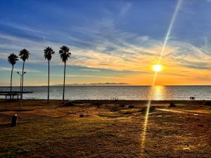a sunset on a beach with palm trees and the ocean at La chambre dorée avec jardin privé in Dar Salah Bey