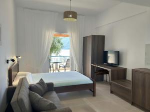a bedroom with a bed and a tv and a couch at Paliovarka Rooms in Mitika
