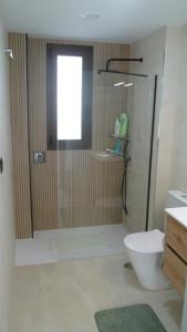 a bathroom with a shower with a toilet and a window at Villa Ceesito in Los Alcázares +12 photos
