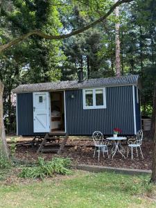 a small blue shed with a table and chairs at Chez Marguerite Luxury Shepherd's Hut and Sauna in Holt