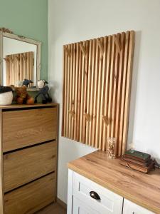 a bedroom with a wooden dresser and a mirror at Berkenye 2621 in Kismaros +9 photos