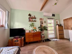 a living room with a television and a dresser and a door at Berkenye 2621 in Kismaros