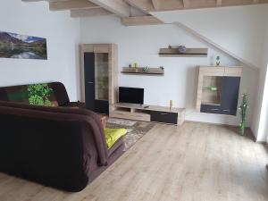 a living room with a couch and a tv at Double room 75 sqm between Augsburg and Munich in Wiedergeltingen