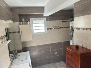 a bathroom with a sink and a shower with a window at Chez Ava in Salazie