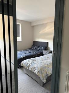 a bedroom with two beds and a door open at Beautiful Spacious Flat in Oxford