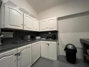 a kitchen with white cabinets and a trash can at Blue Moon Guest Rooms in Bellville