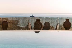 a group of vases sitting on a ledge near the water at Michelle Villa in vlicha