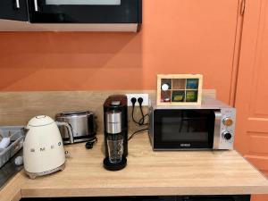 a kitchen counter with a coffee maker and a microwave at Studio Cosy tout équipé 40m2 - Entrée autonome - Parking gratuit in Distroff