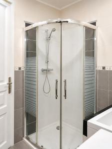 a shower with a glass door in a bathroom at Studio Cosy tout équipé 40m2 - Entrée autonome - Parking gratuit in Distroff